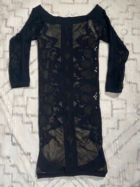 bebe Black and Beige Lace-Trim Dress